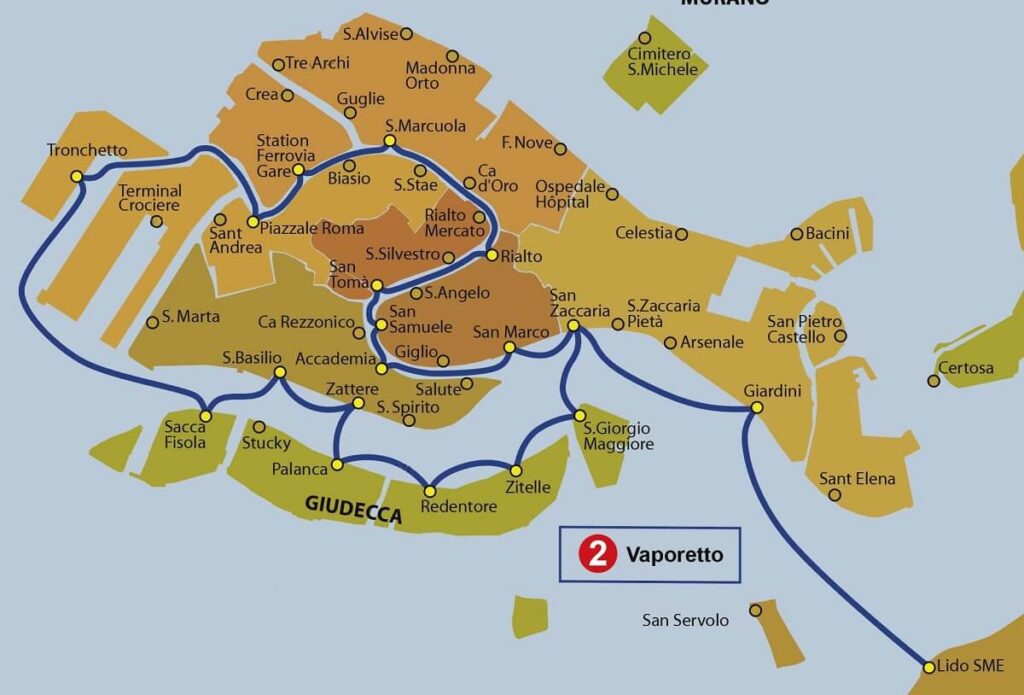 Mapa trasy vaporetto nr. 2