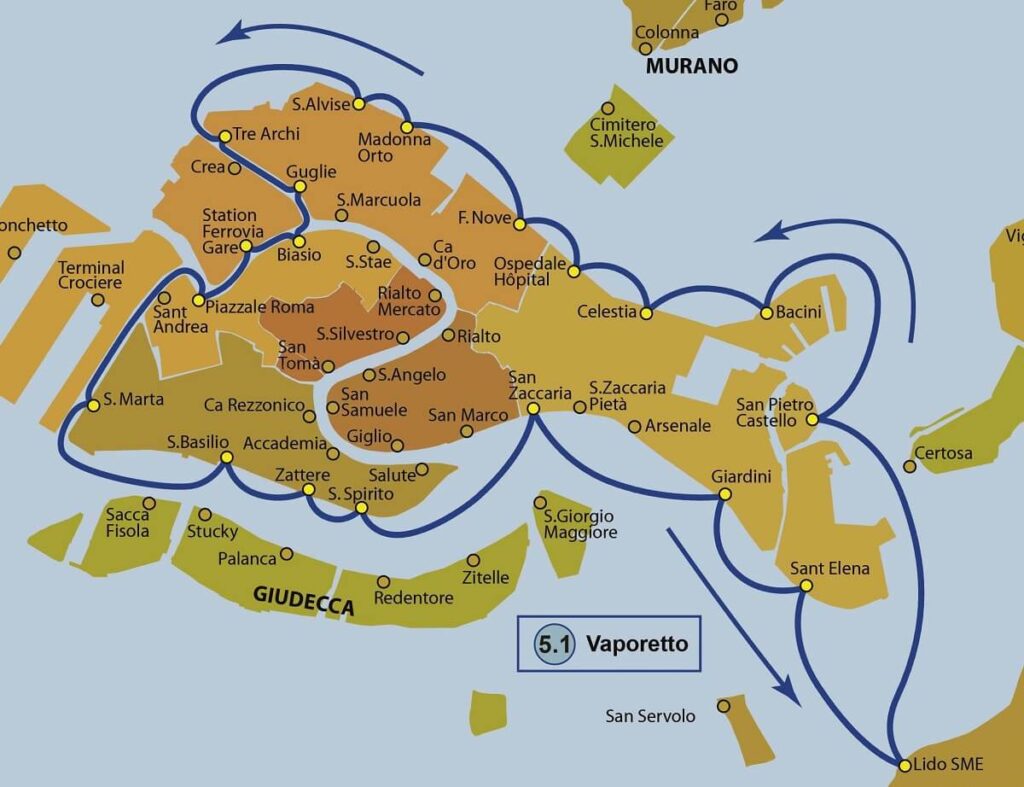 Mapa trasy vaporetto nr. 5.1 i nr. 5.2
