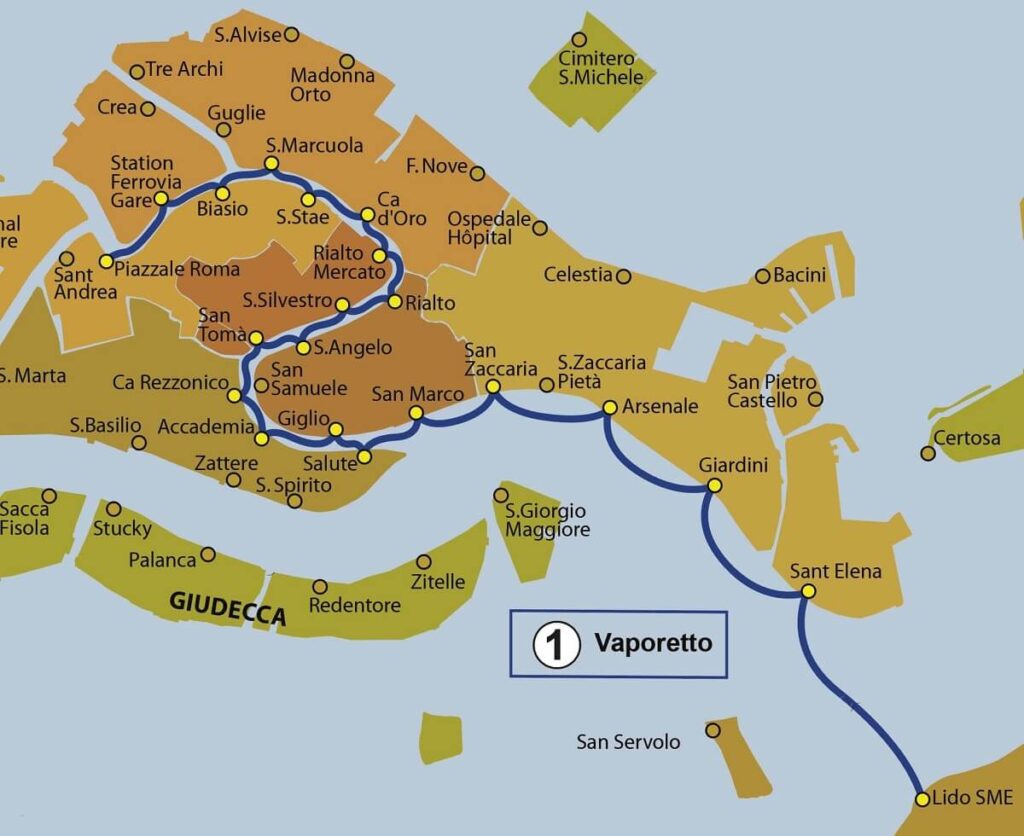 Mapa trasy vaporetto nr. 1