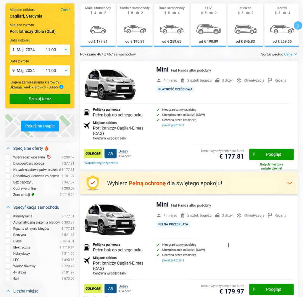 Strona z ofertami posortowanymi według ceny