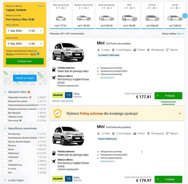 Strona z ofertami posortowanymi według ceny